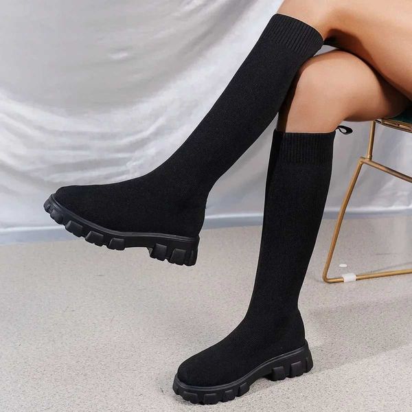 High Quality Thick soled knitted Lg boots suitable for Wenfei elastic socks shoes knee boots round toes low H Botas De Mujer T241206