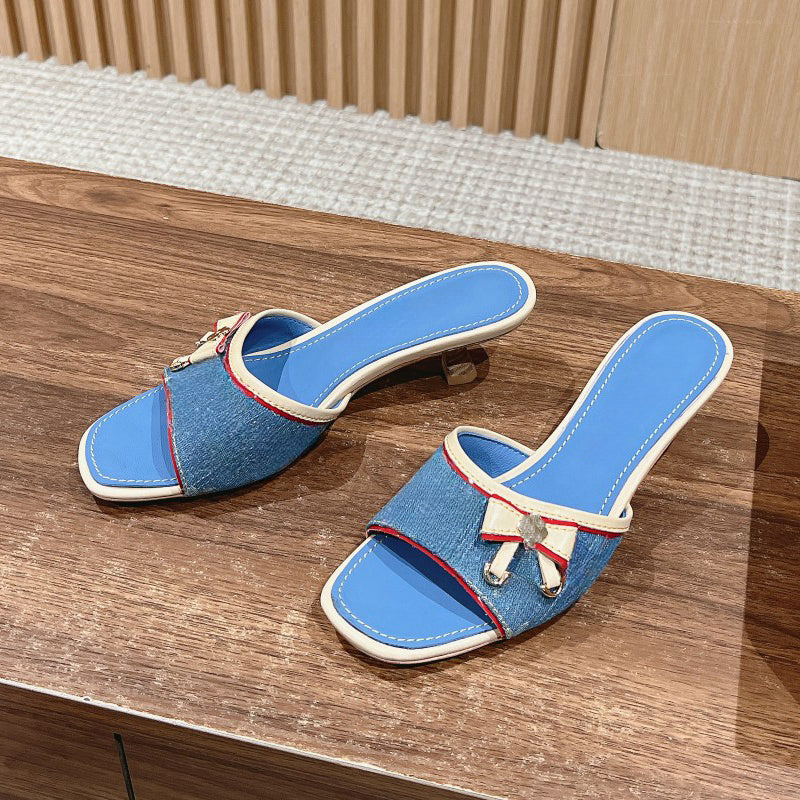 Designer Revival Mule Designer Blue Denim Sandals Embroidered Printed Stiletto Heels Leather Round Toe Flip-Flops Lady Summer Denim Mule Sandal High