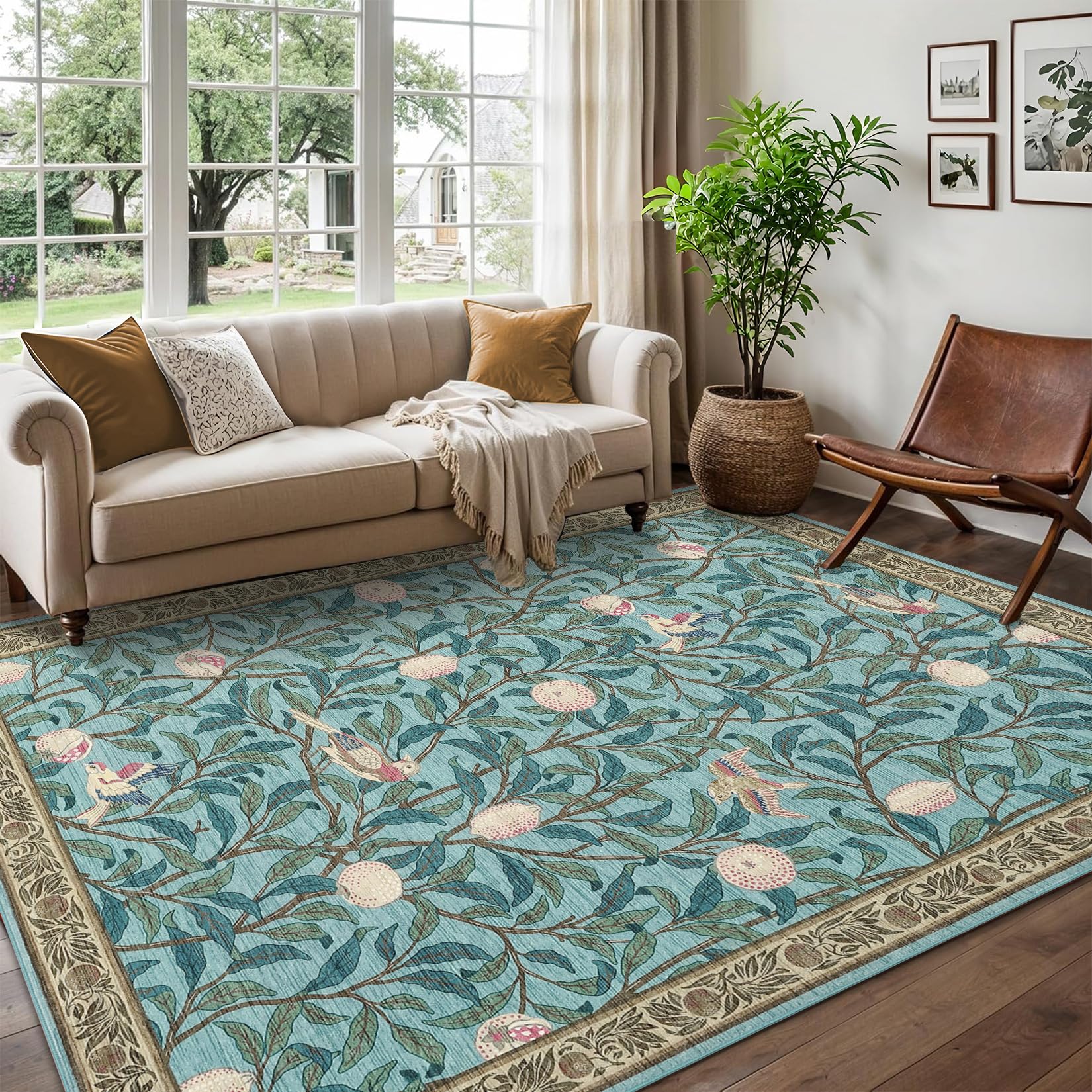 Garvee 8x10 Rugs Botanical Farmhouse Ultra Thin Soft Low Pile Carpet Light Blue for Living Room Bedroom Playroom Nursery