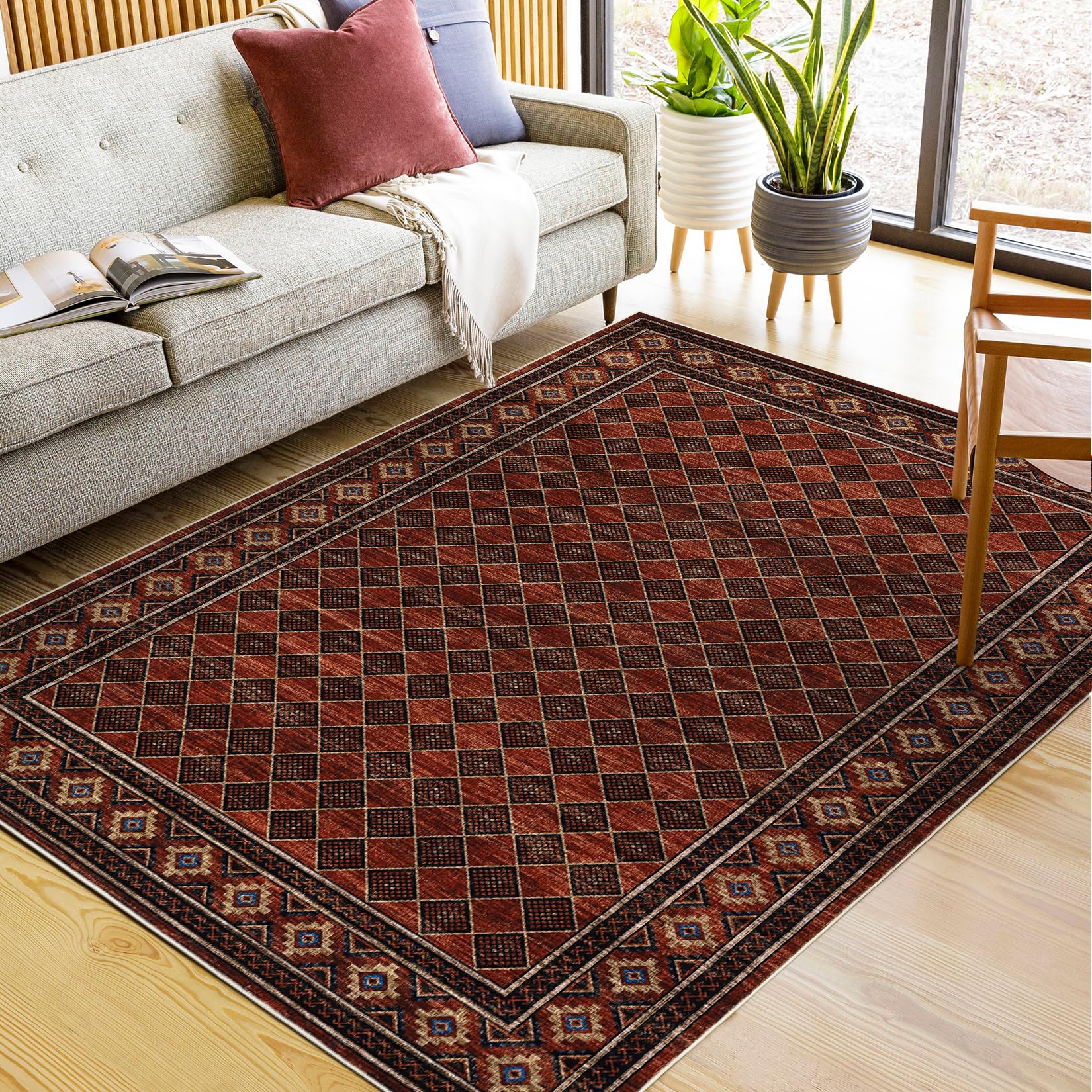 Garvee Large Area Rugs 9x12 Non-Slip Diamond Print Dining Room Rugs Red, Foldable Ultra-Thin Indoor Floor Mat
