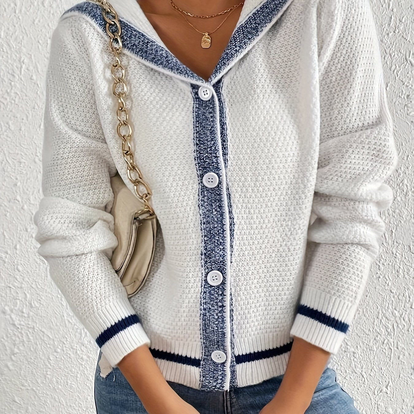 TEMU Women's Elegant Color Block Button Front Cardigan - Stylish V-neck, Long Sleeve, Pullover With Button Details, Fall-winter, Casual Wear|