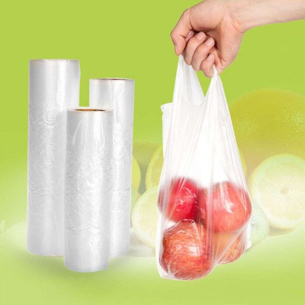 100Bags-Roll Plastic Food Storage Bags With Portable Handle For Vegetable Fruits Bread Kitchen Organizer Three Sizes Optional