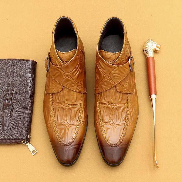 Chelsea Pointed British Short Genuine Leather Crocodile Pattern Embossed Business Dress Men&#039;s Boots