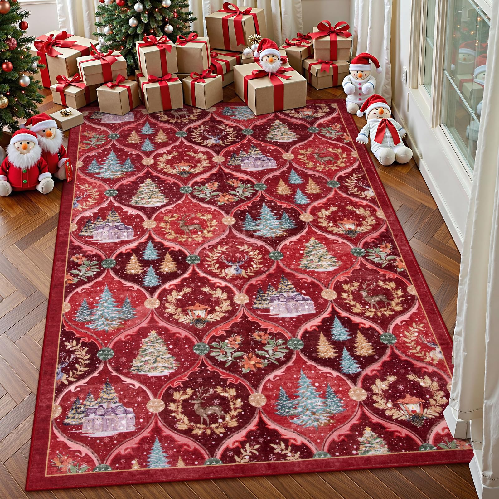 Lahome Moroccan Trellis Christmas Area Rug, 3x5 Washable Christmas Rugs Ultra-Thin Bedroom Rug Red Christmas Rug Non-Slip, Soft Accent Carpet for Livi