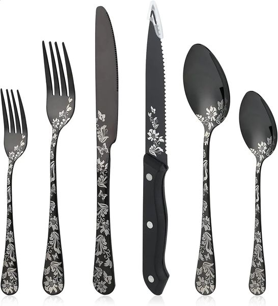 24 piece black silverware set with steak knife unique floral n cutlery fork spoon mirror polished 240826