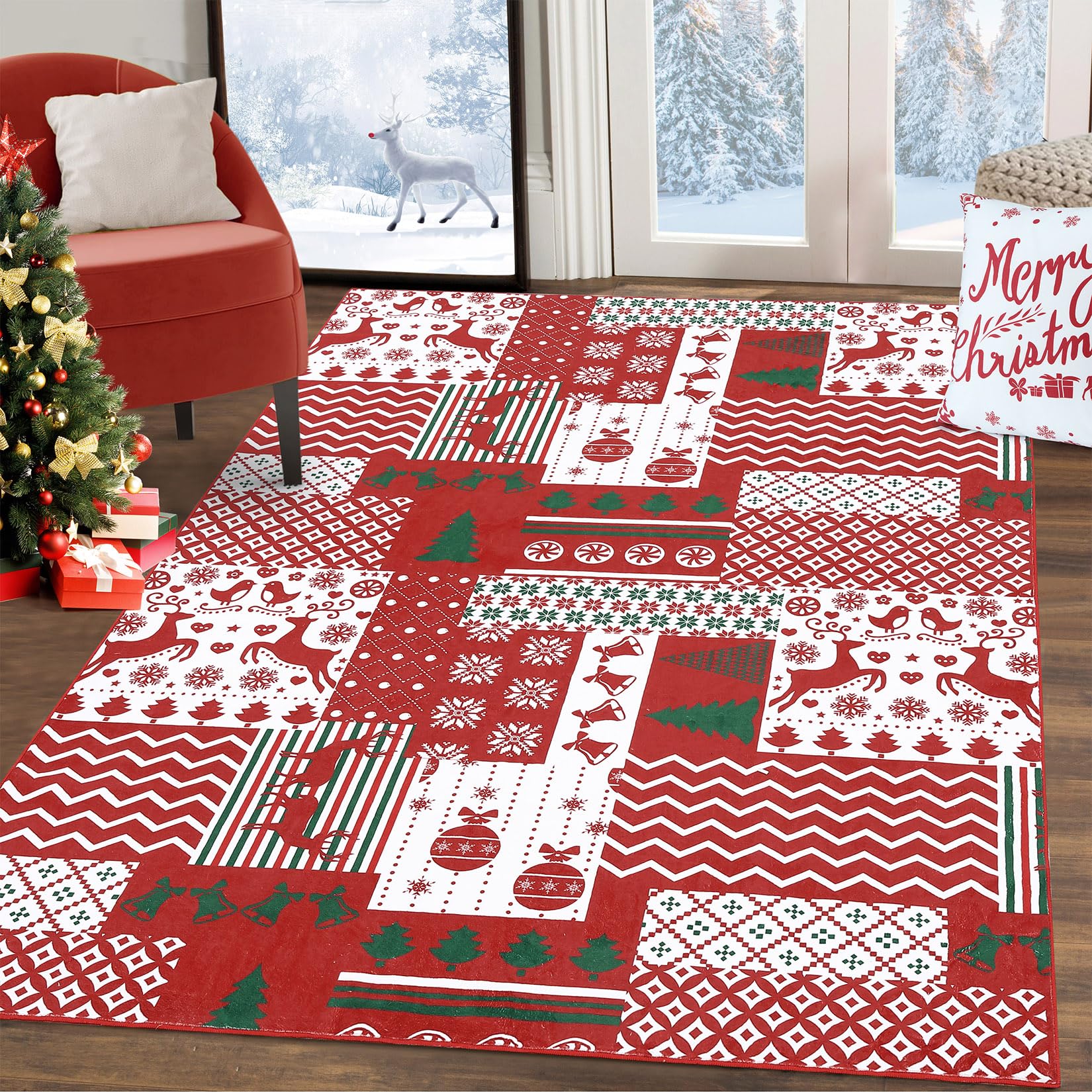Garvee Christmas Machine Washable Area Rugs Christmas Patchwork Pattern Carpet Rug Foldable Decorative Accent Rug Farmhouse Dining Table Rug Bedroom D