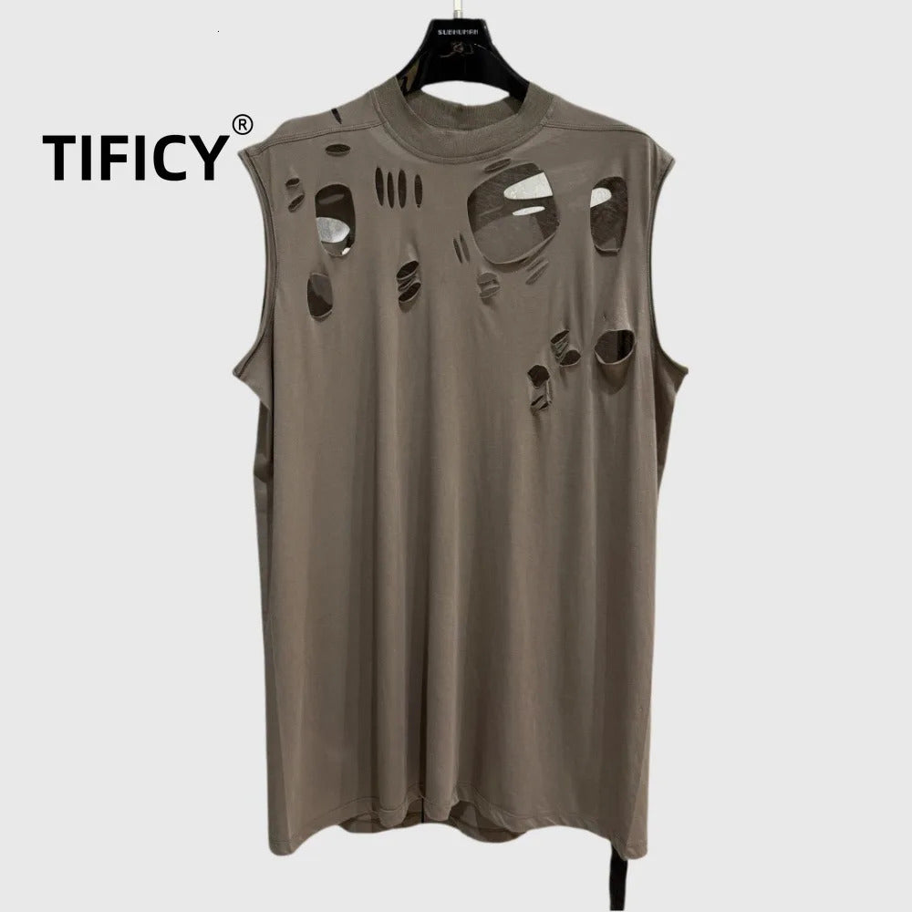 High Street Dark Ro Tees T-shirt Mens Cotton Sleeveless Hollowed Out Perforated Personalized Trendy Tanks Oversized T Shirt 250617