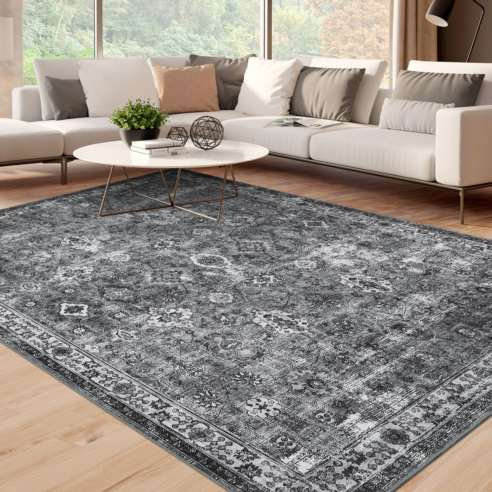 Garvee Vintage Floral 5x7 Washable Area Rug Dark Grey Non Slip Boho Thin Printed Faux Wool Super Soft Carpet for Bedroom Living Room Dining Room Nurse