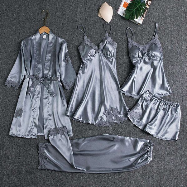 Sleepwear Female 5Pcs Pamas Set Satin Pyjamamas Lace Patchwork Bridal Wedding Nightwear Rayon Home Wear Nighty&Robe Suit