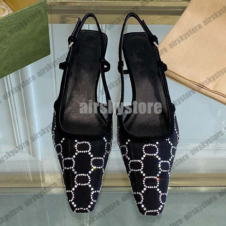 Lace up shallow cut shoes Slingback Designer Sandals shoe Mid Heel Black mesh with crystals sparkling Print shoe Rubber Leather retro Ankle Strap sl