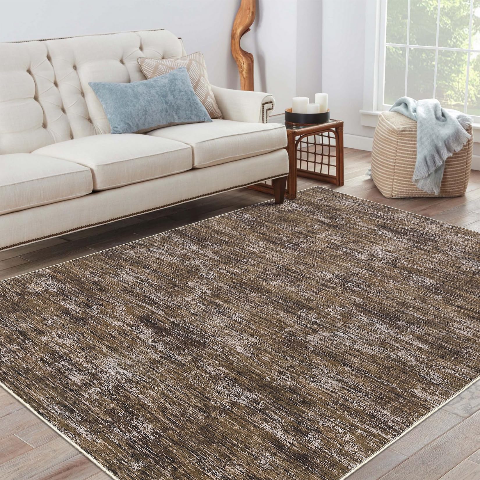 Garvee Solid Brown 4x6 Washable Area Rugs for Living Room, Non Slip, Stain Resistant, Soft Low Pile Carpet, Solid Grey, Brown 4'x6'