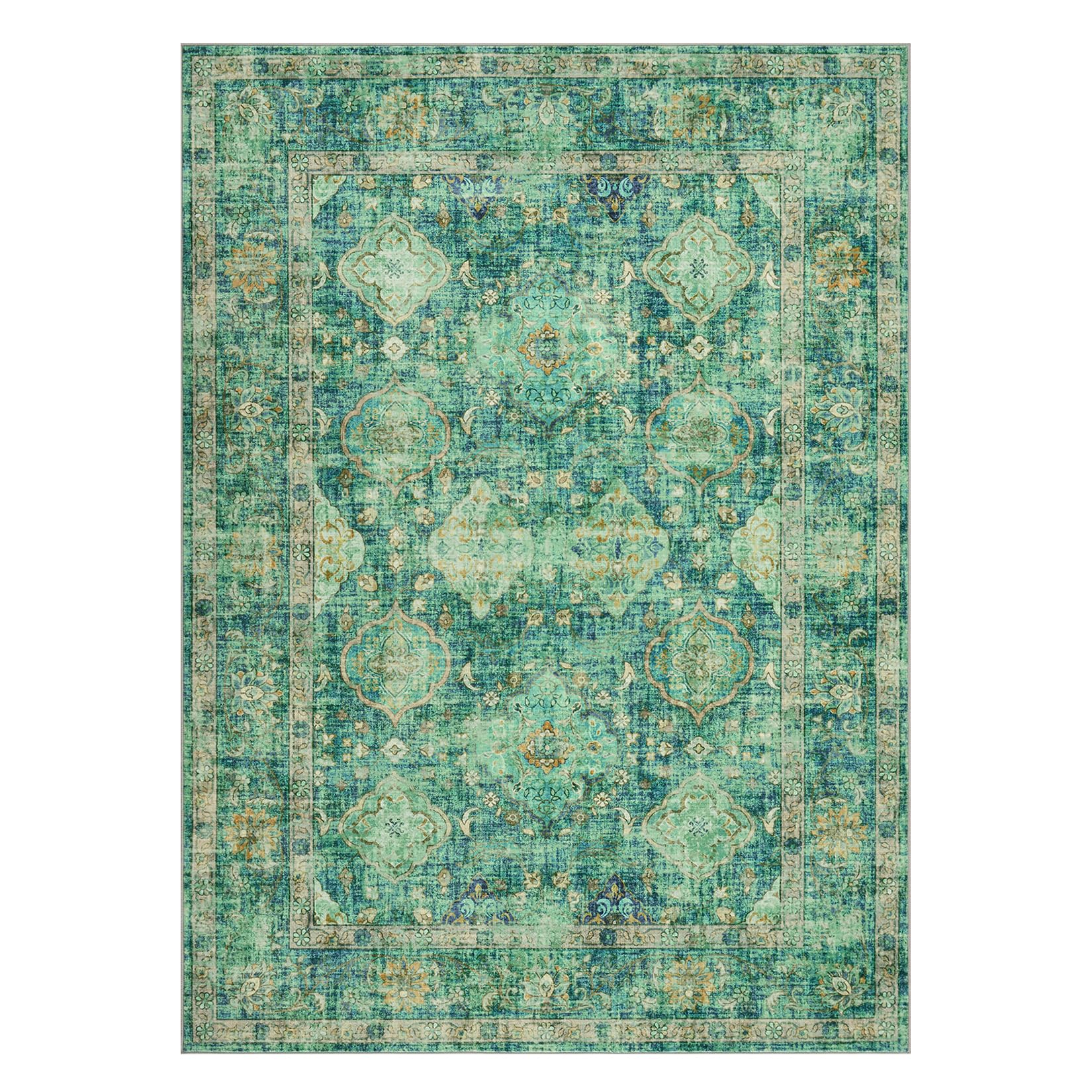 Garvee Area Rugs Vintage Oriental Printed Distressed Design Green 8x10Ft Low Pile Washable Non Slip Soft Carpet for Living Room Bedroom