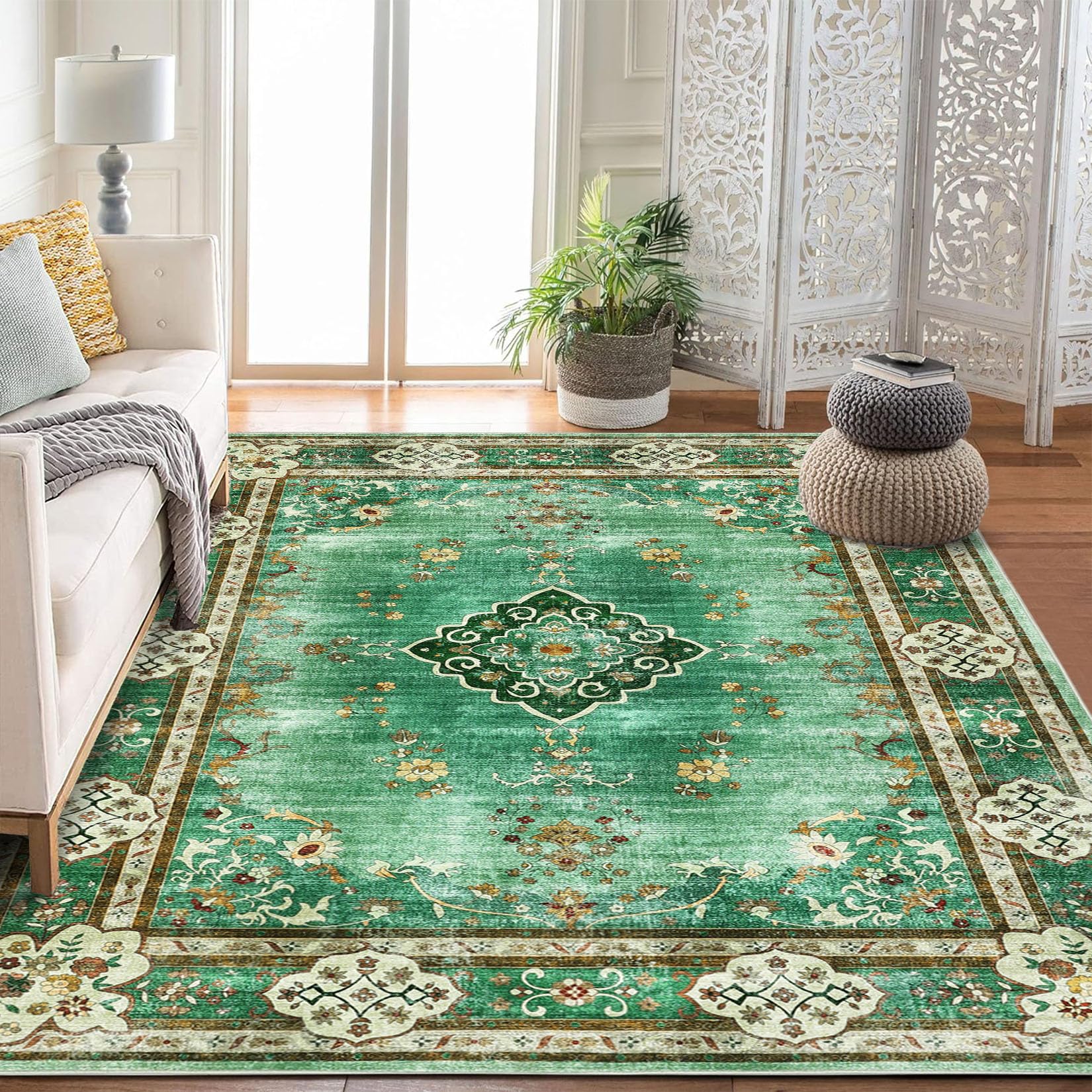 Garvee 5x7 Area Rugs Washable Green Large Boho Vintage Bohemian Distressed Oriental Carpet Non Slip for Living Room Bedroom Kitchen Nursery Kids Room 
