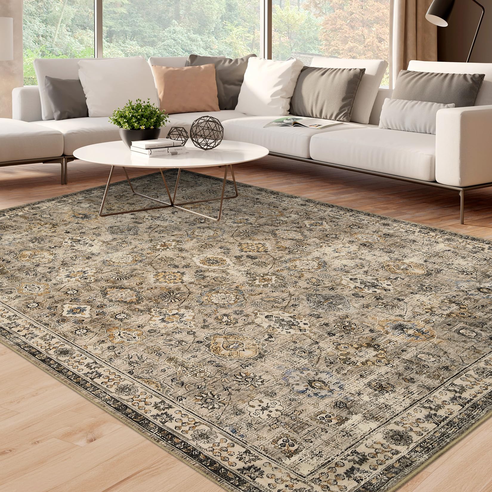 Garvee Washable 9x12 Area Rugs Beige Vintage Floral Large Boho Non-Slip Foldable Carpet for Living Room Dining Bedroom Office
