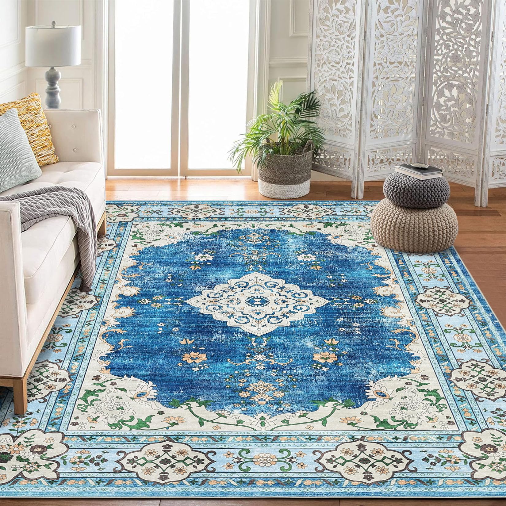 Garvee 8x10 Washable Blue Area Rug, Large Boho Vintage Floral Carpet for Living Room Bedroom Dining Room Nursery Kids Room Office Farmhouse