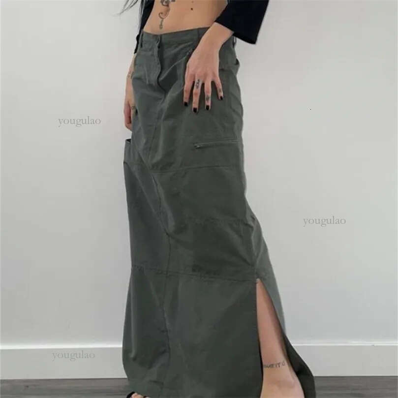 Rockmore Harajuku Slit Cargo Long Skirts Y2K Low Waist Maxi Skirt WomenS AnkleLength Skirt 2000s Retro Fairycore Grunge Outfit 220701
