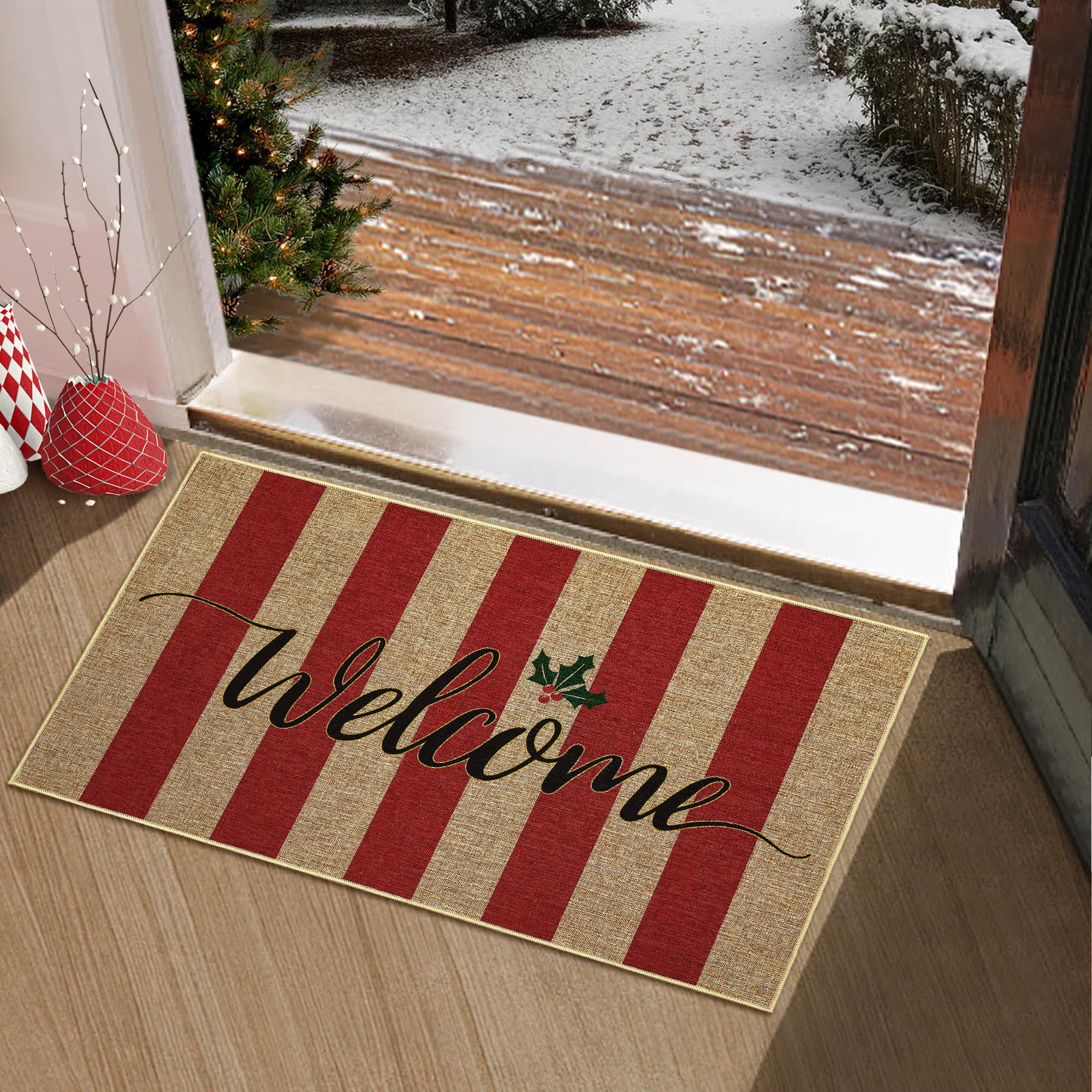 Garvee Christmas Door Mat Non Slip Doormats Striped Welcome Mats for Front Door Floor Mats Ourdoor Decor Welcome Mat Stain Resistant Room Decor Carpet