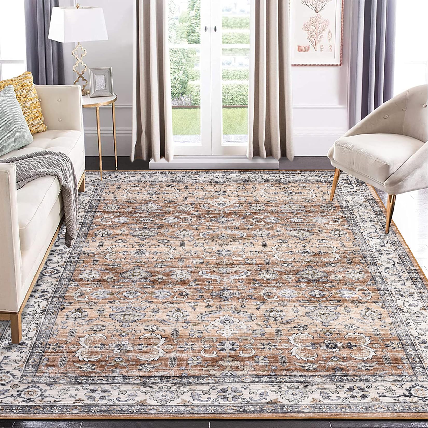 Garvee Vintage Rug 10x13 Washable Non Slip Indoor Soft Carpet Rust - Traditional Distressed Accent for Living Room Bedroom Dining Room Nursery