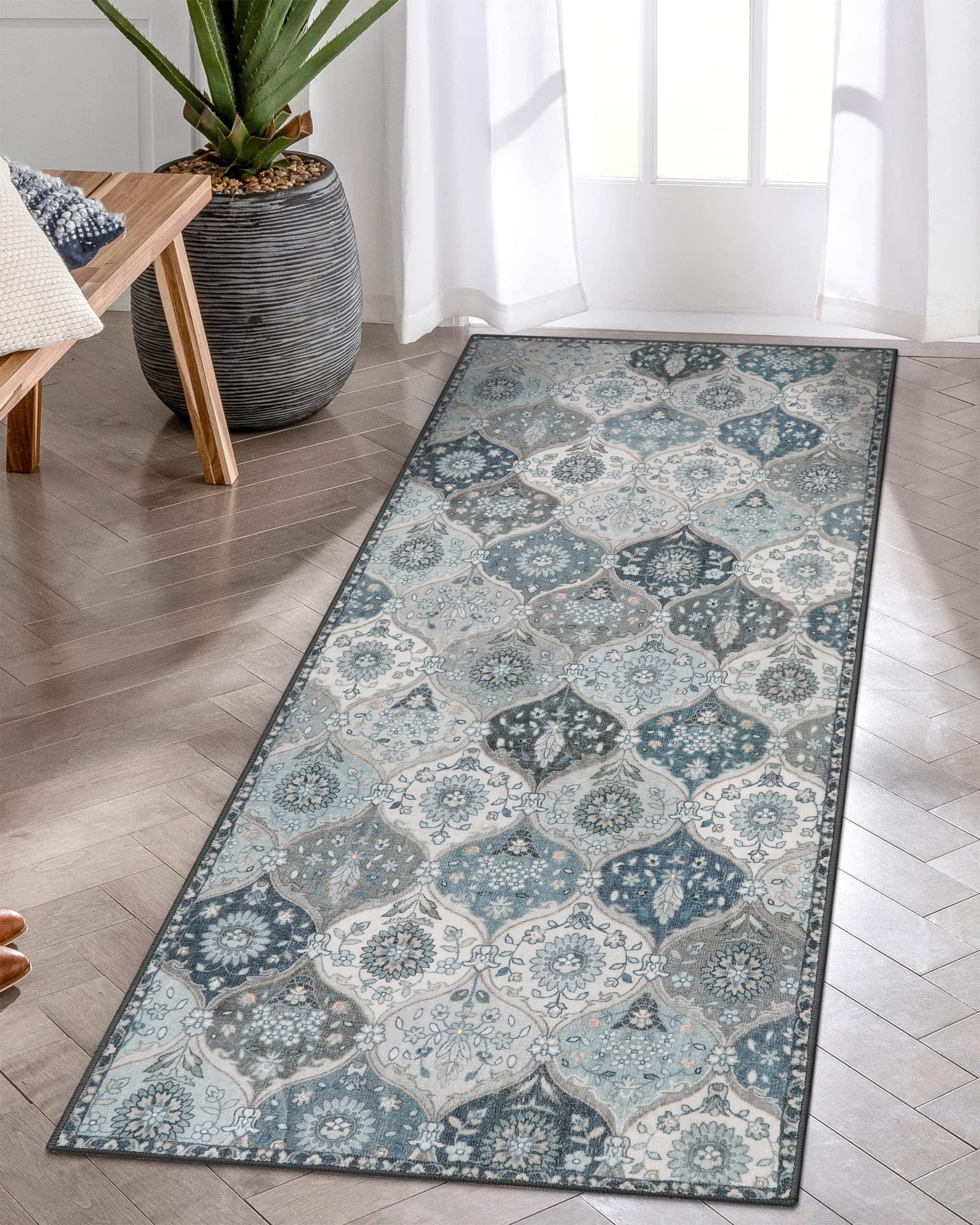 Lahome Moroccan Trellis Kitchen Runner Rug, 2x5 Washable Runners for Hallways Non Slip, Rubber Backing Ultra-Thin Vintage Carpet for Entryway Bedroom