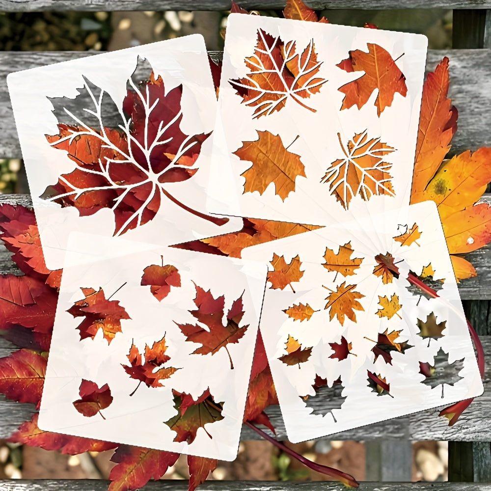 TEMU 4pcs Maple Leaf Outline Painting Stencils - Reusable Fall Templates For Walls, Scrapbooking, Card Making, Fabric & Canvas, Thanksgiving Diy