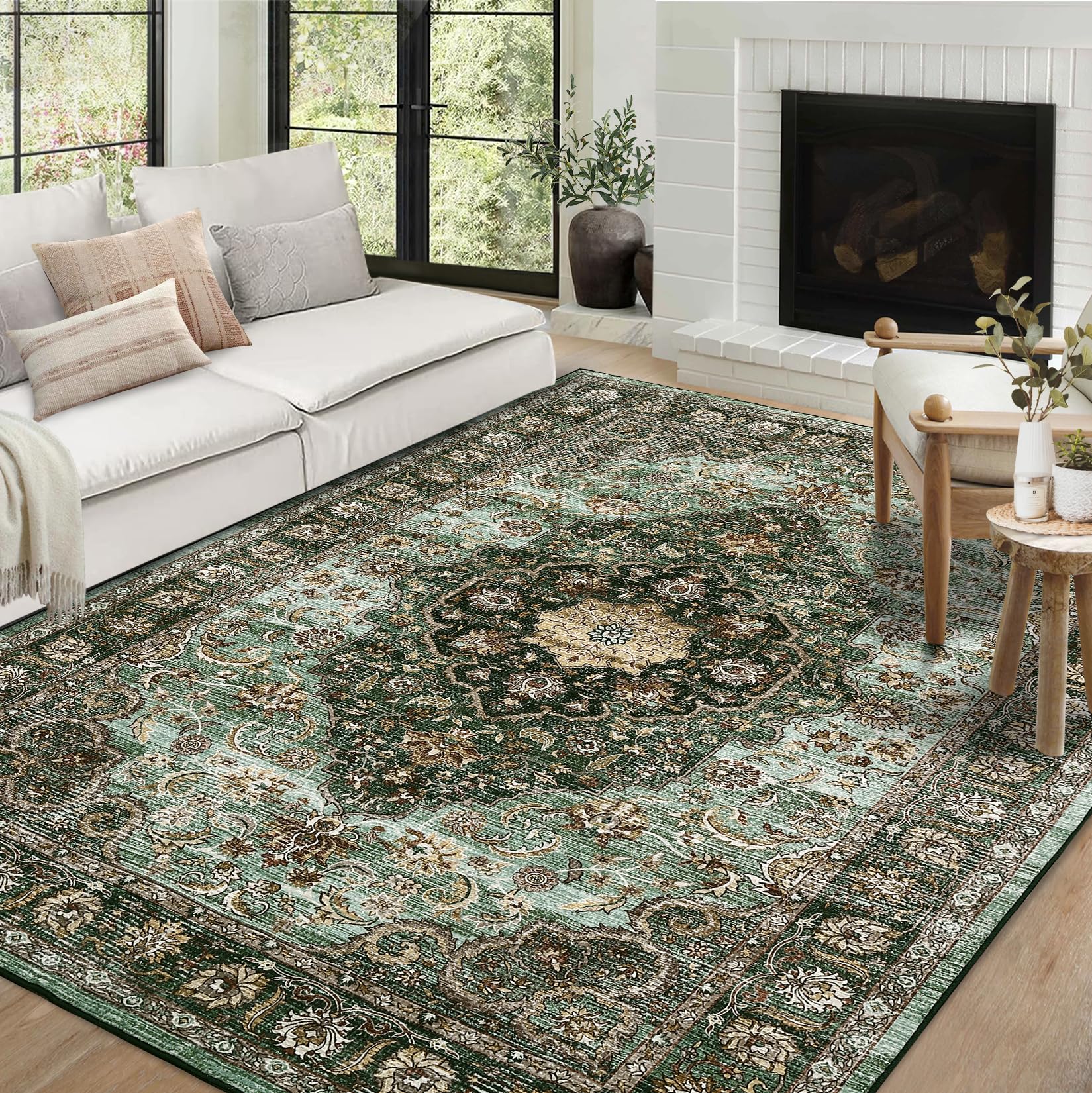 Garvee Large Area Rug 9x12 Vintage Soft Indoor Washable Floor Carpet Non-Slip Green