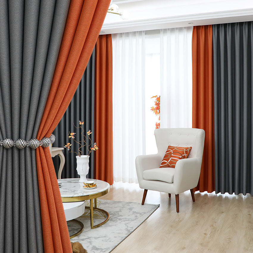 T0369 double-sided linen full blackout curtain cloth new Chinese style soundproof living room bedroom solid color splicing cotton and linen finished