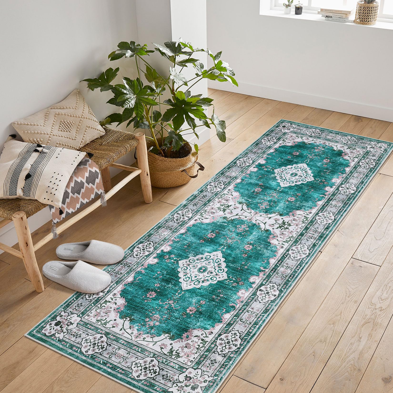 Garvee Washable Runner Rug 2x6, Peacock Green Non Slip Boho Rug for Hallways Kitchen Bedroom, Vintage Distressed Oriental Floor Carpet
