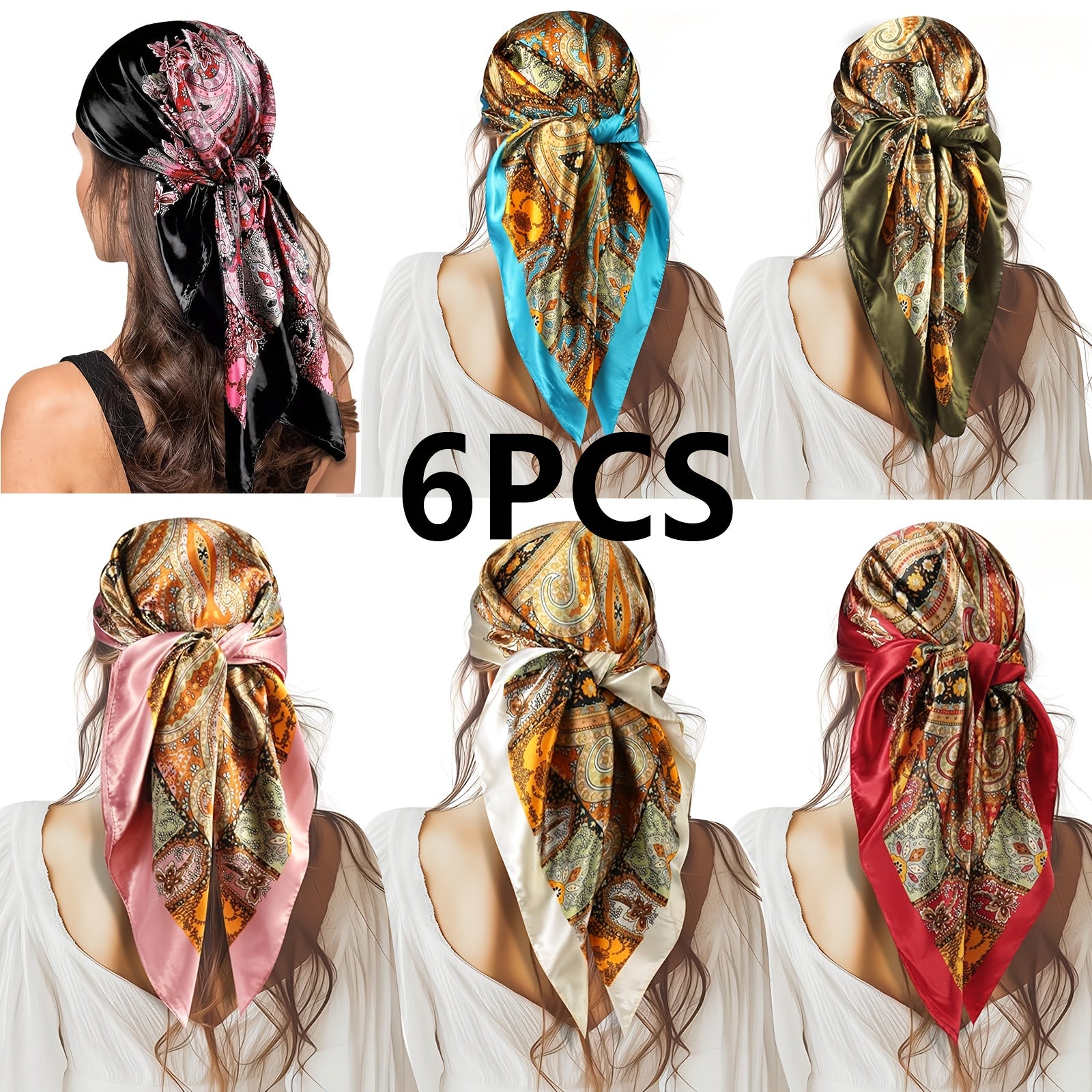 TEMU 6-pack Women's Elegant Square Headscarves - Floral, Olive Green-red-blue-black-pink-beige-, All -versatile Headpieces For Travel, Formal &