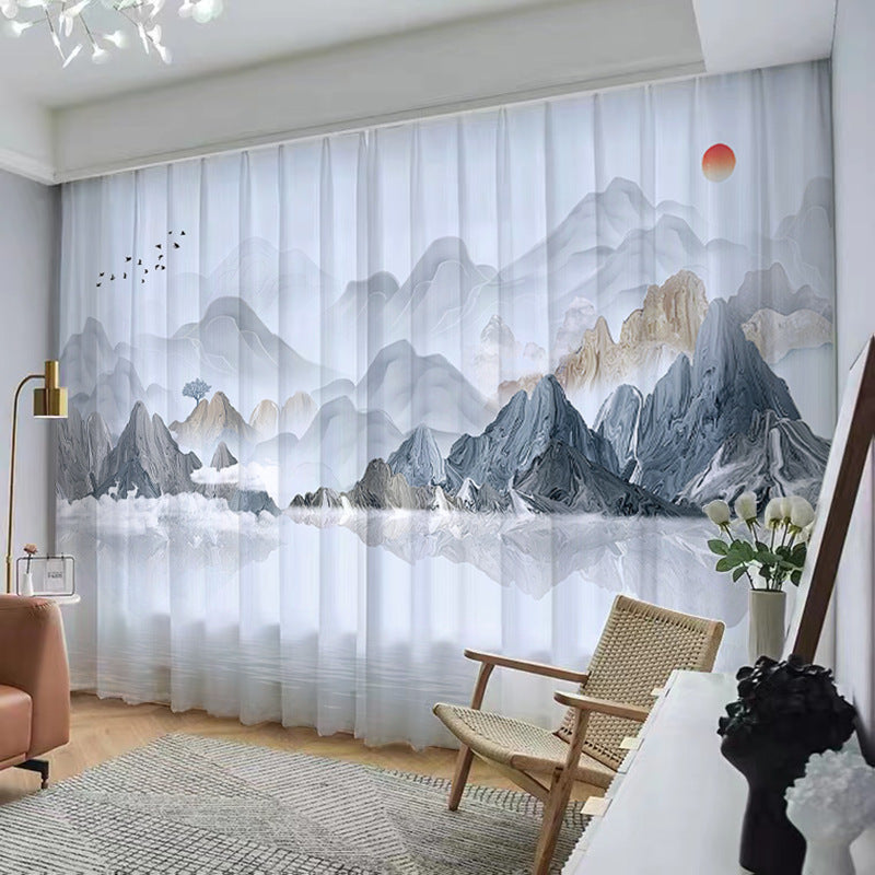 YL-37064 Chinese style ink landscape painting, new Chinese style curtains, new mesh curtains, classical and simple living room window curtain