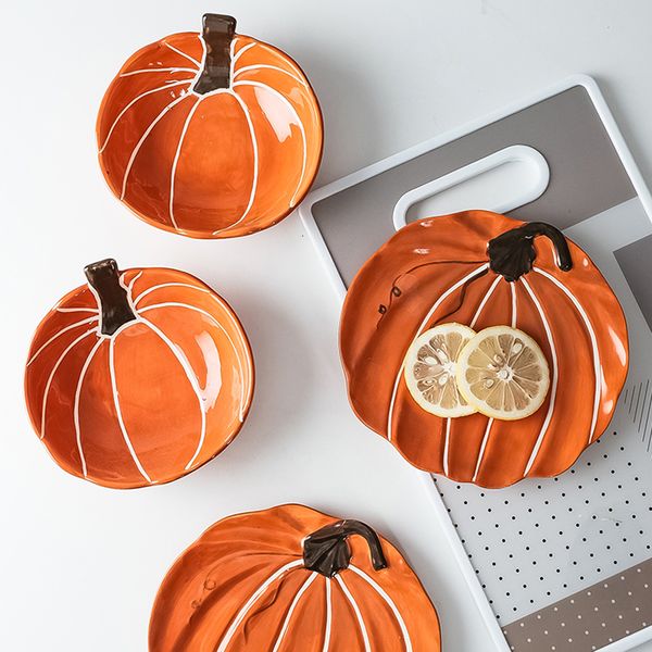 Dishes Plates Kreatif Tangan Dicat Mangkuk Labu Cangkir Piring Keramik Underglaze Microwave Pencuci Aman Lucu untuk Anak 230904