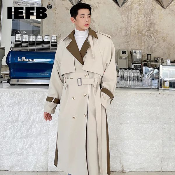 IEFB Fashion Male Autumn Spliced Long Trench Coat High Qualtiy Men Loose Lapel Double Breasted Windbreaker With Belt 9D0946 241120