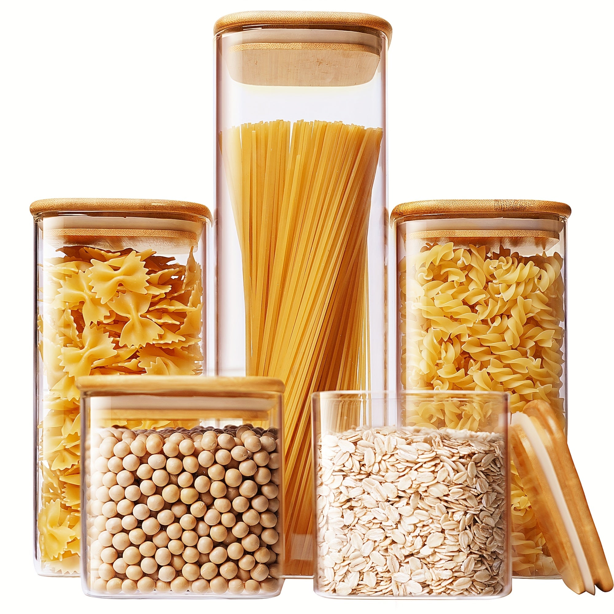 TEMU Square Glass Jars With Bamboo Lids - 79oz X1 & 53oz X2 & 27oz X2 | Airtight Food Storage Containers For Pasta, Cereal, Flour & Sugar | Kitchen &