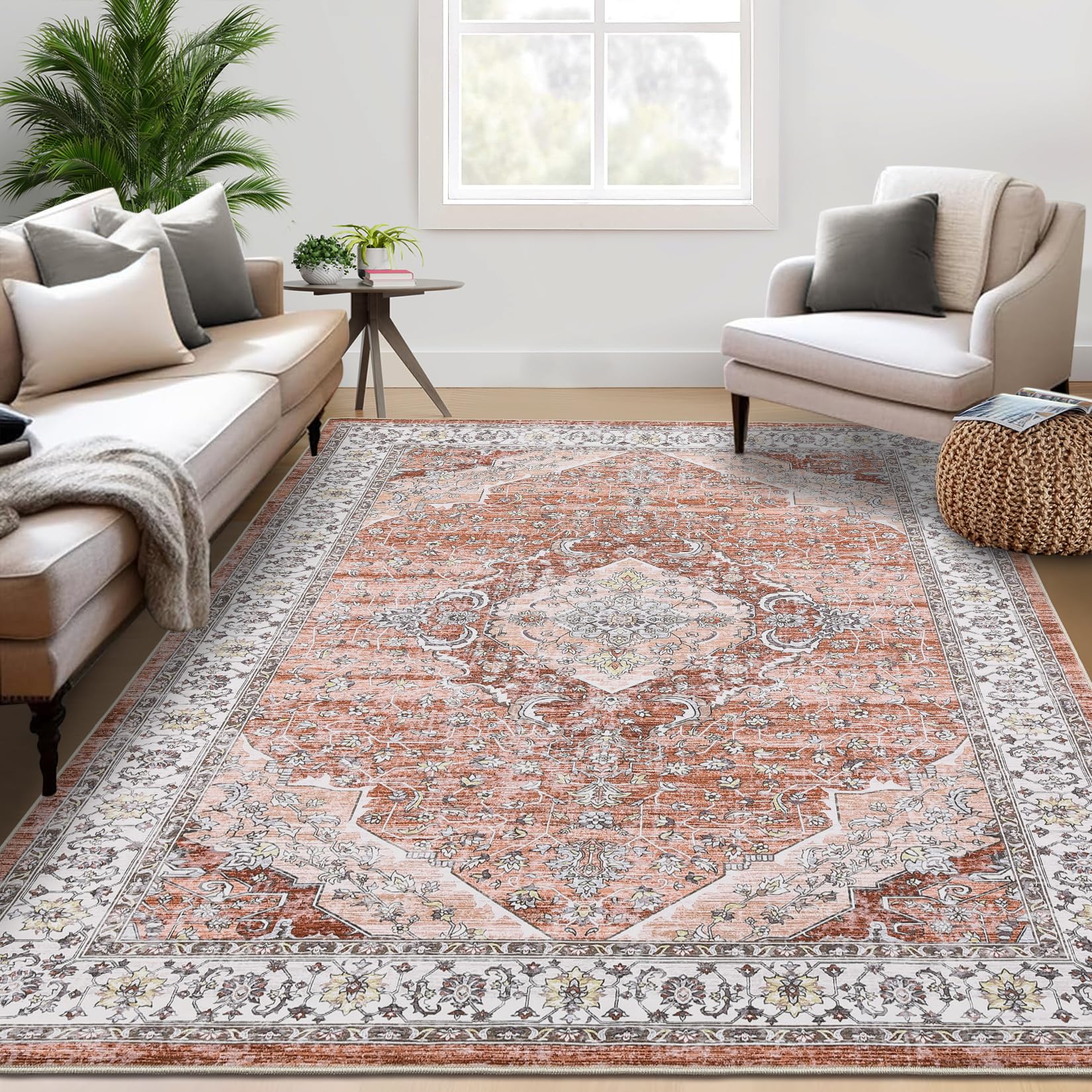 Garvee Washable Area Rugs 5x7 Rug for Living Room Oriental Vintage Rug Non Slip Large Area Rug for Bedroom Soft Faux Wool Stain Resistant Carpet 5'x7'