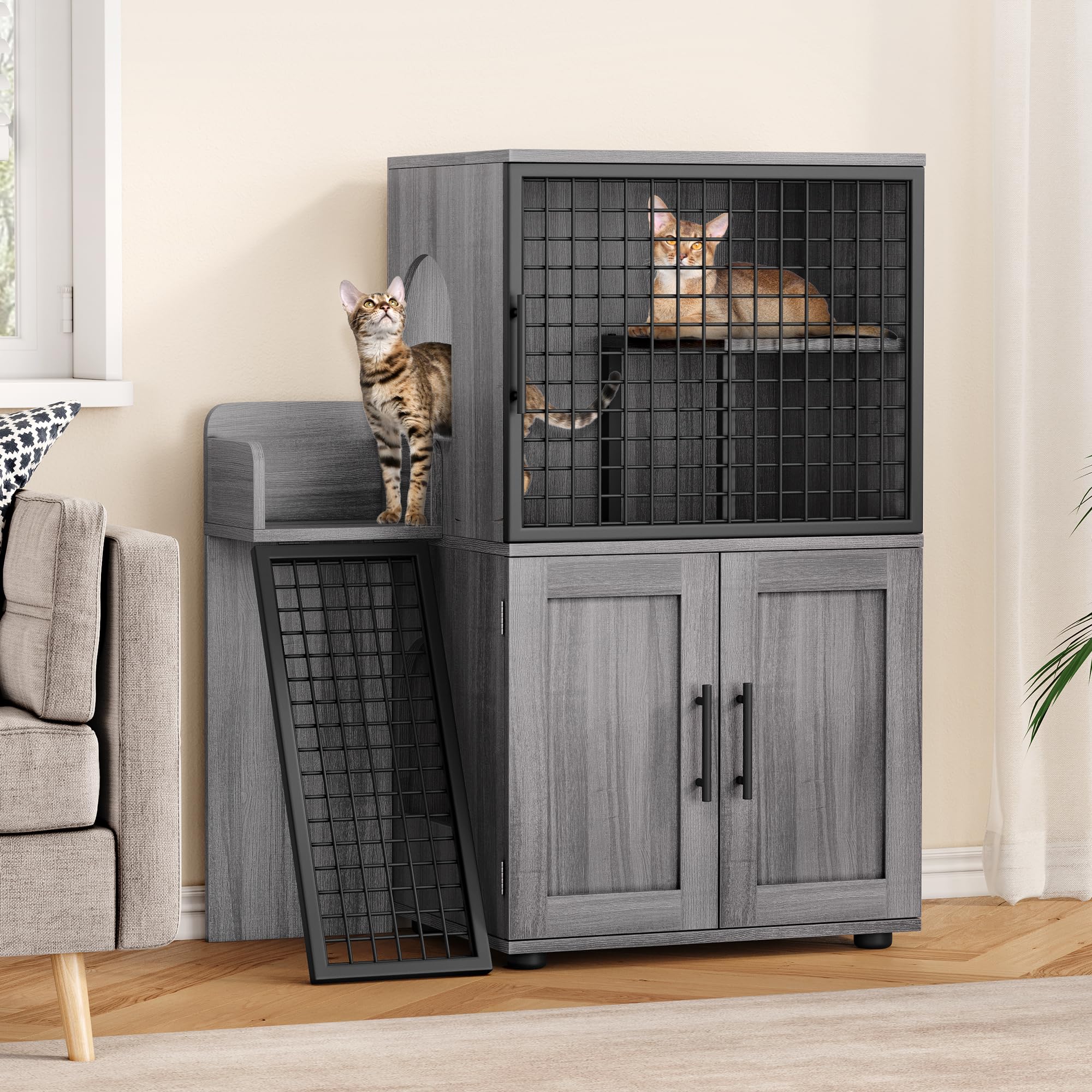 Garvee Modern Villa Cat Litter Box Enclosure + Hidden Furniture + Double Layer + MDF & Iron + Ladder & Ventilation + Indoor Use
