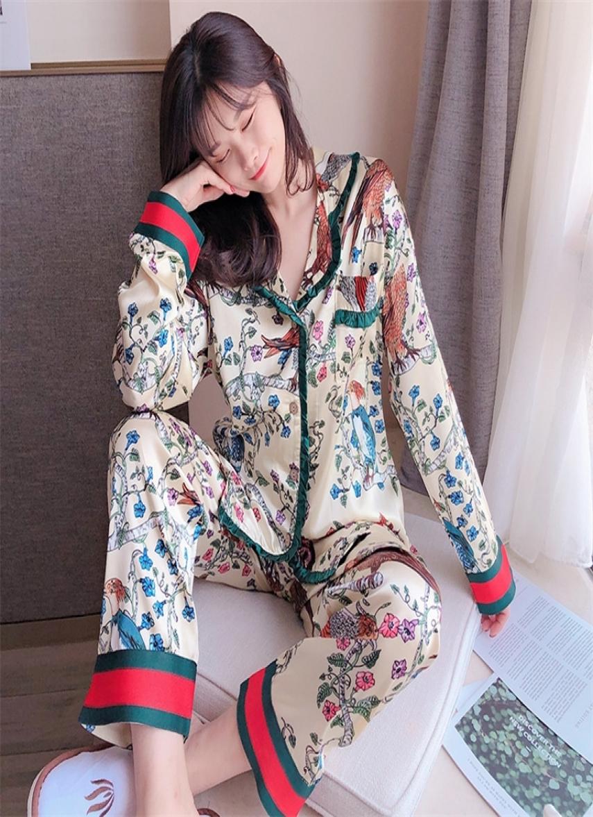 Long Sleeves Pijamas Set Summer Spring Print Pamas for Women Silk Satin Sleepwear Two Pieces Lounge Wear Pjs Home Clothes 2012174245146