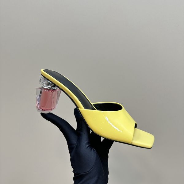 2025 New Fashion Women Perfume Bottle Strange Heels Sandals Genuine Leather Designer Shoes Size 35 to Size 42 Yellow Shoes