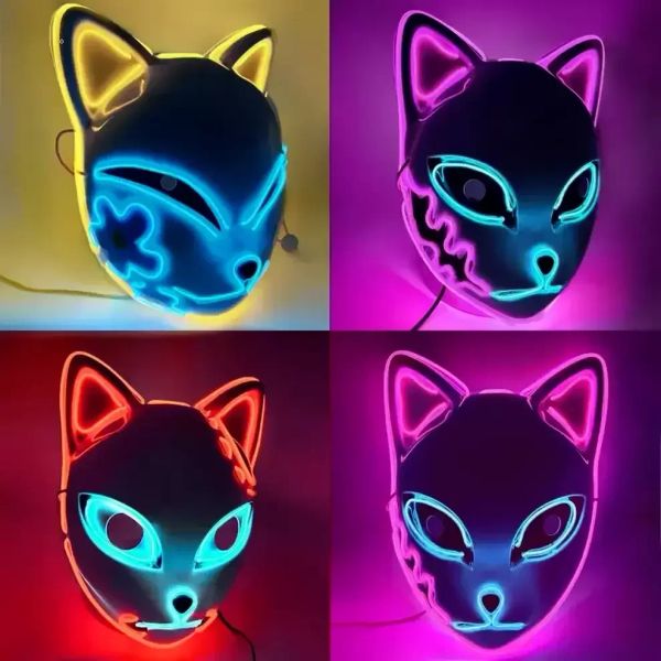 Decoration LED Glowing Cat Face Mask Cool Cosplay Neon Demon Slayer Fox Mas For Birthday Gift Carnival Party Masquerade Halloween