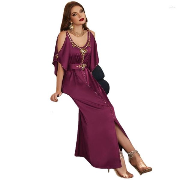 Ethnic Clothing Dubai Islam Middle Eastern Arabic Morocco Hand-sew Diamond Abaya Dress for Women Cold Shoulder Short Sleeve Party Evening