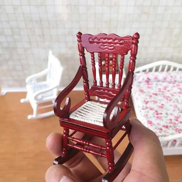 1pcs 1 12 Scale Dollhouse Miniature Furniture Wooden Rocking Chair Hemp Rope Seat For Dolls House Accessories Decor Toys Y240807