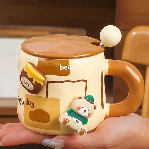 Cute bear cup cartoon spoon covered ceramic water cup high beauty hand gift coffee cup CL240905