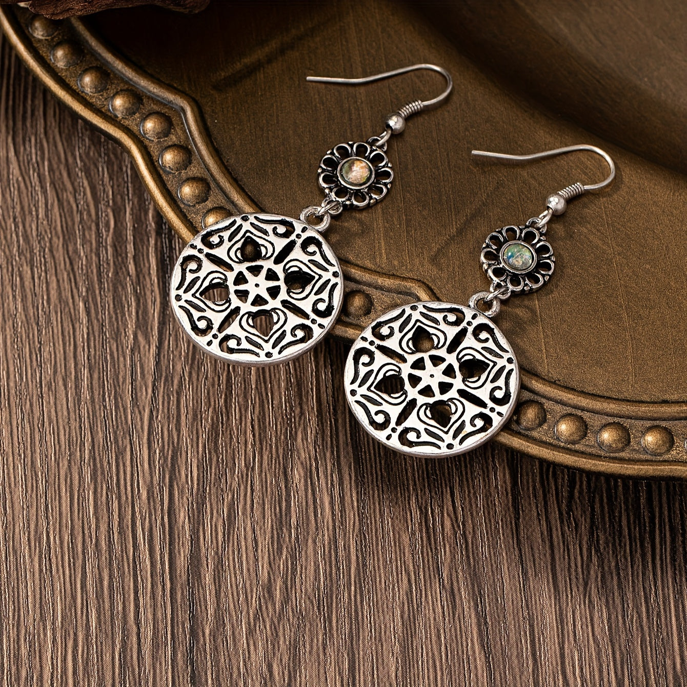 TEMU 1 Pair Women's Bohemian Western Large Hoop Earrings - Vintage-inspired Round Dangle Hoops With Intricate Geometric Patterns, Alloy & Iron Posts