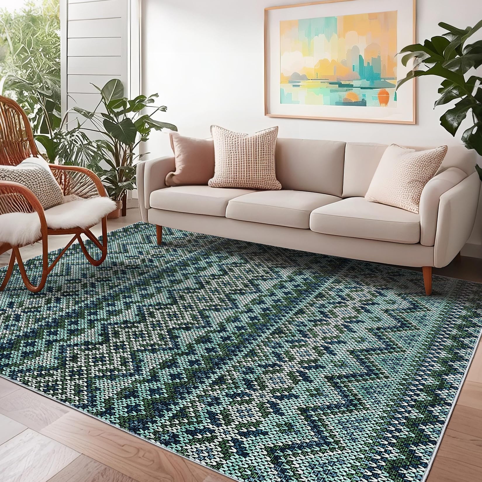 Garvee Washable Boho Rug for Living Room 5x7 Blue Green, Non Slip, Stain Resistant, Low Pile Carpet