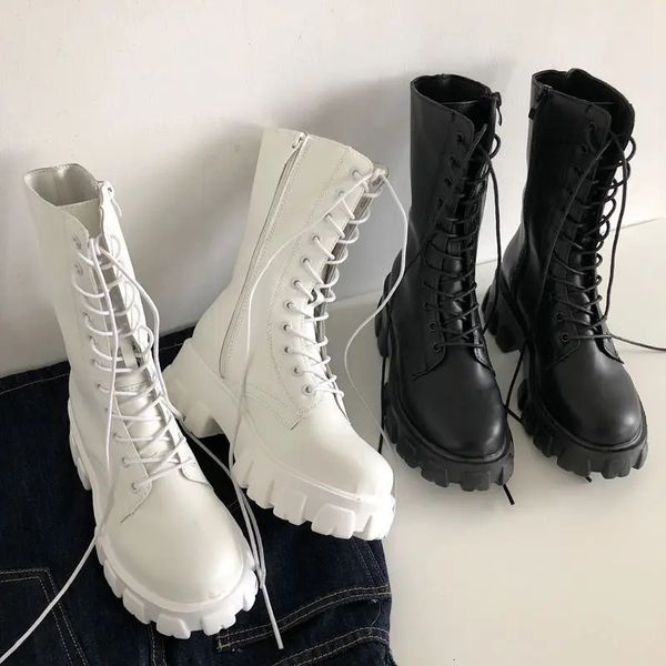 Botas do meio da panturrilha feminino Autumn Winter Fashion Lace-up Ladies Zipper Botas Mujer Boots Sports Plataforma Sapatos de Ladi-Ladies