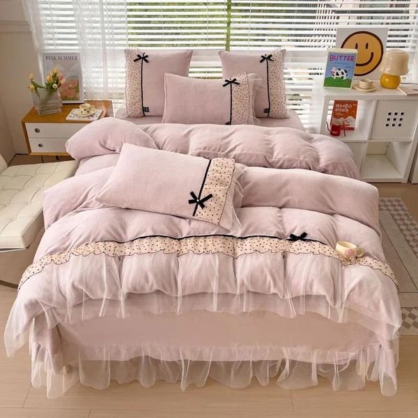 Bedding Sets Pink Korean Princess Style Veet Fleece Set Lace Ruffles Soft Duvet Cover Warm Comforter Bed Sheet Pillowcase
