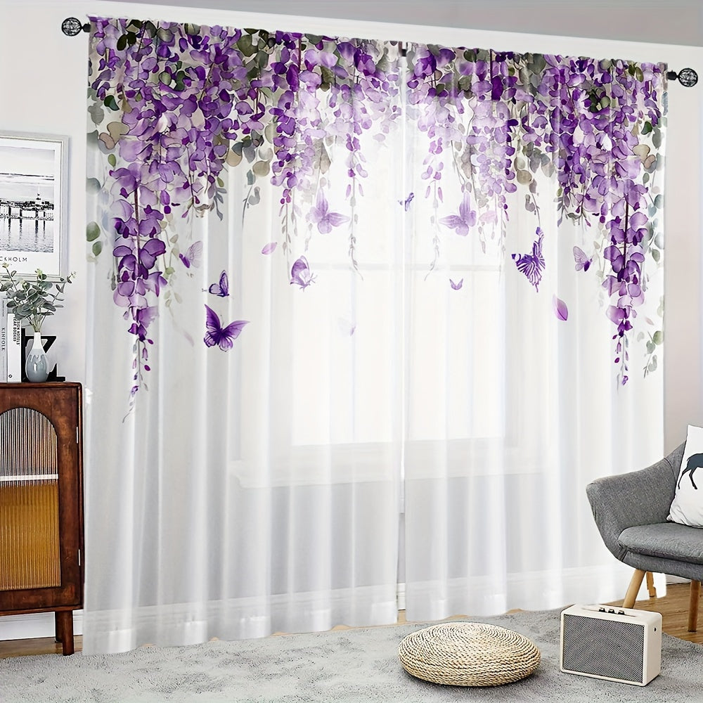 TEMU 2pcs Elegant Wisteria Floral Print Sheer Curtains - Hd , Soft Polyester Microfiber, Easy-to-hang Rod For Living Room & Bedroom Decor, Machine