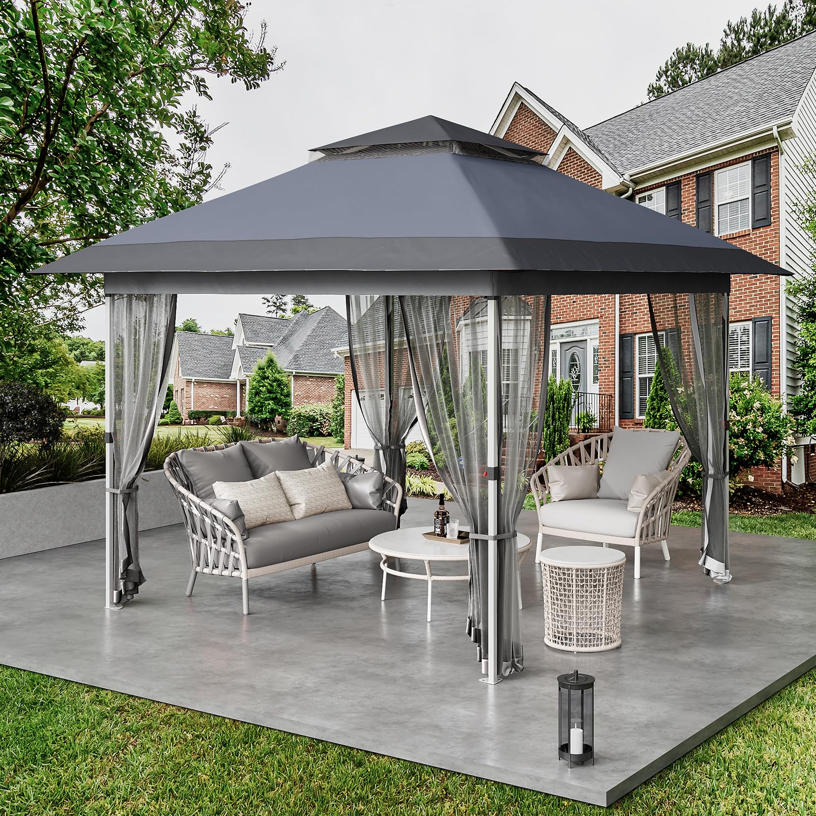 Garvee 12'x12' Gazebo with Curtains 144 Square Shelter Mosquito Netting and 2-Tiered Vented Top for Patio Outdoor Events Grey