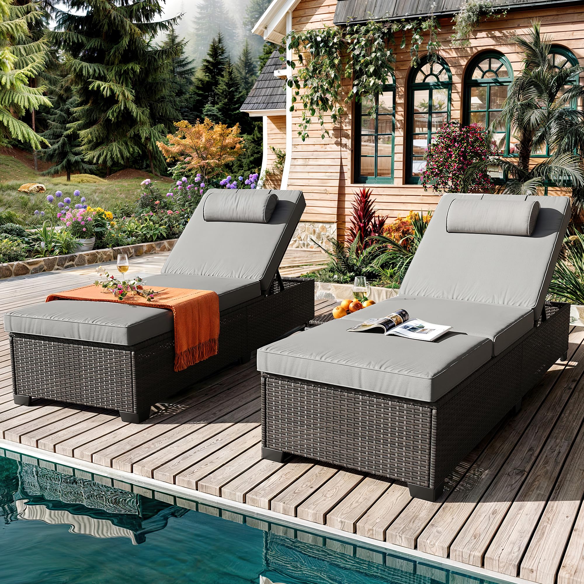 Garvee Outdoor PE Wicker Chaise Lounge Chairs, Pool PE Wicker Lounge Chairs Set of 2, Brown Rattan Pool Lounge Chairs Adjustable Backrest Recliners Wi