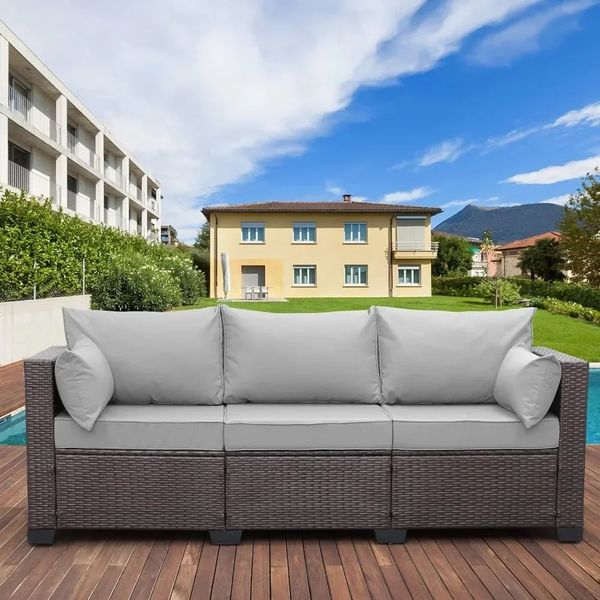 Patio Furniture 3 Seater Outdoor Sofa Deep Seat, High Back With Waterproof Cover, Gray Non-Slip Cushions