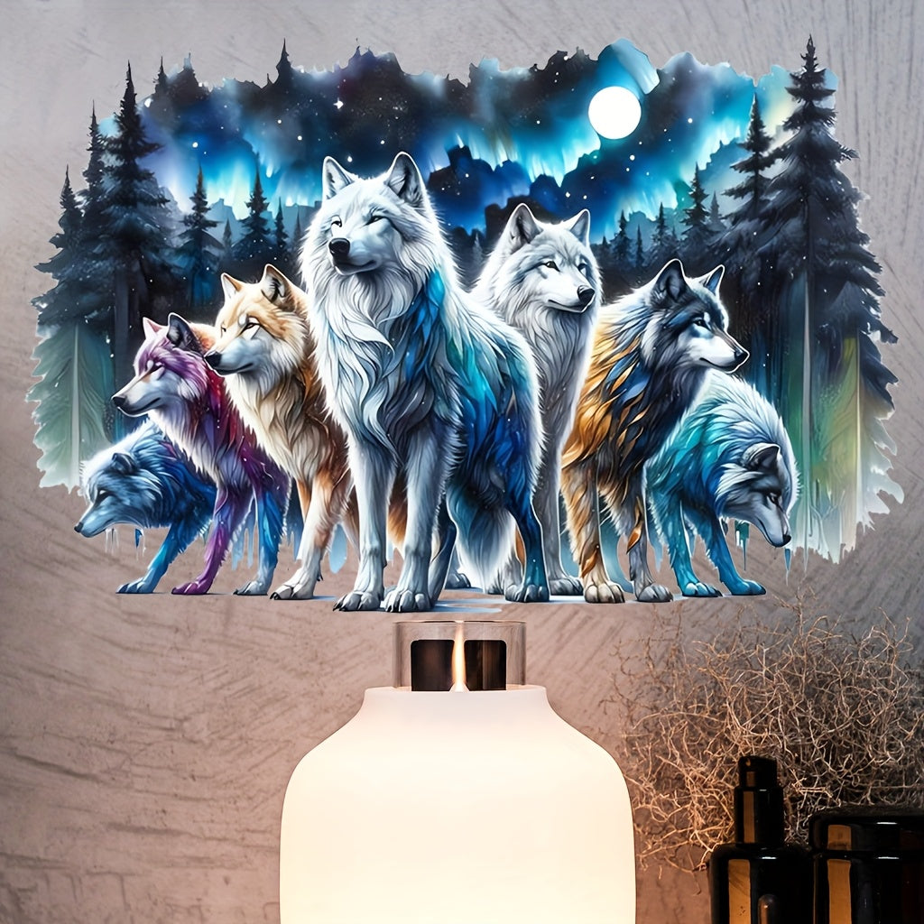 TEMU 1pc Vibrant Wolf Family Wall Sticker - Contemporary Vinyl Decal With Blue And Purple Fur, Scene, Living Room, Bedroom, Or Study, Reusable And