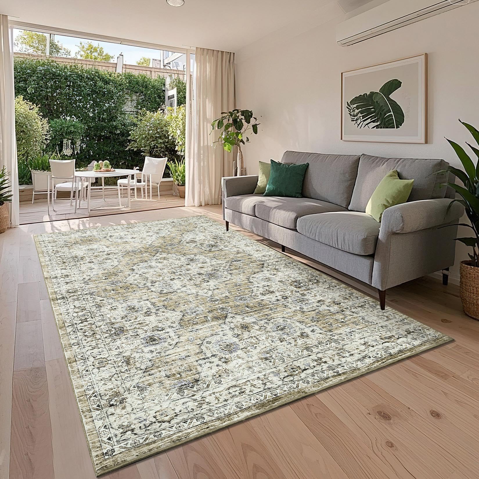 Garvee Vintage Washable Rug Floral Print 9x12 Brown Non-Slip Low Pile Stain Resistant Indoor Accent Carpet